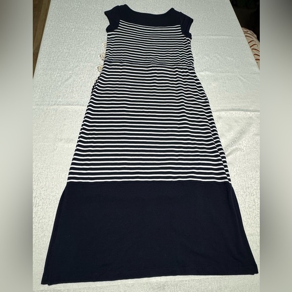 Talbots Women LP Stretchy Striped Navy Blue/White Shirt Sleeve Maxi Dress Slits - Picture 13 of 13
